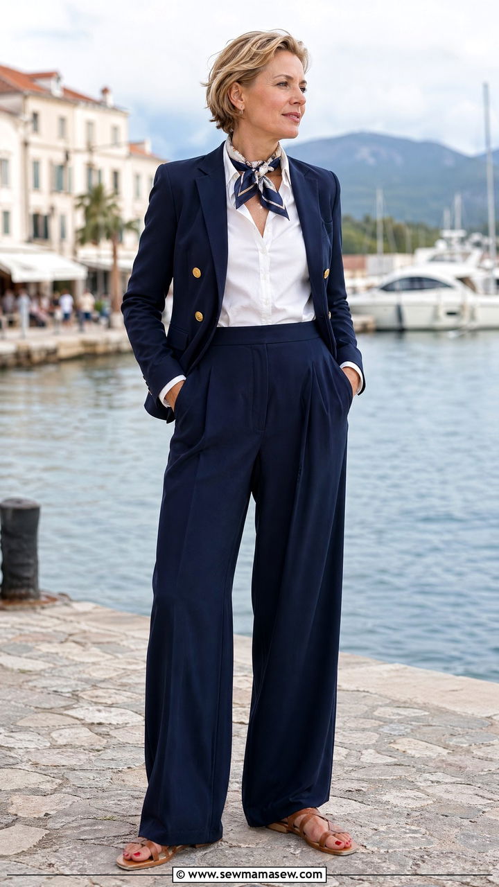 Nautical Navy Wide Leg Trousers with Silk Blouse - 35 spring old money outfit ideas