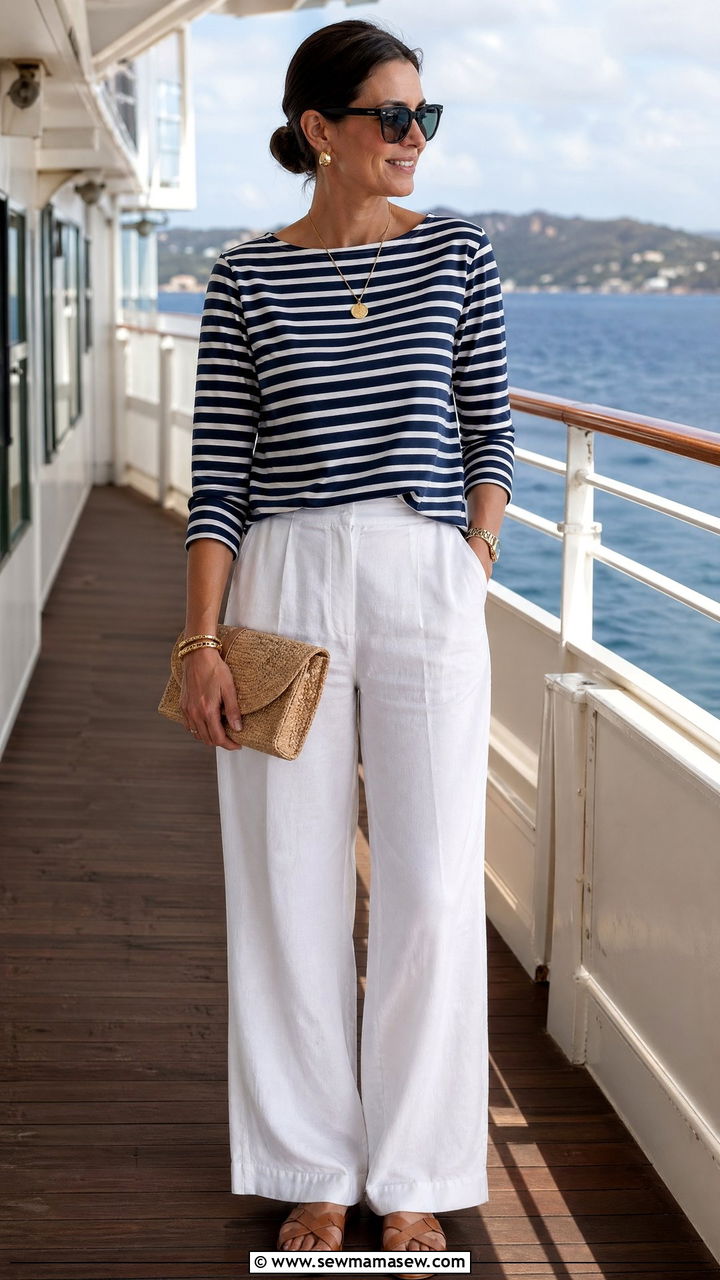 Nautical Stripe Top With White Linen Pants - 35 Cruise dinner outfit ideas
