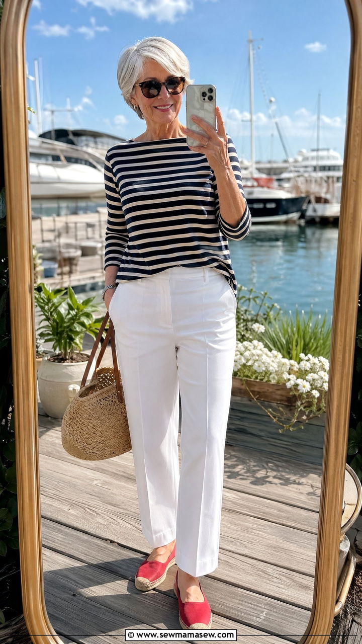 Nautical Stripe Top and White Trousers - 35 Vacation outfit ideas for women over 60