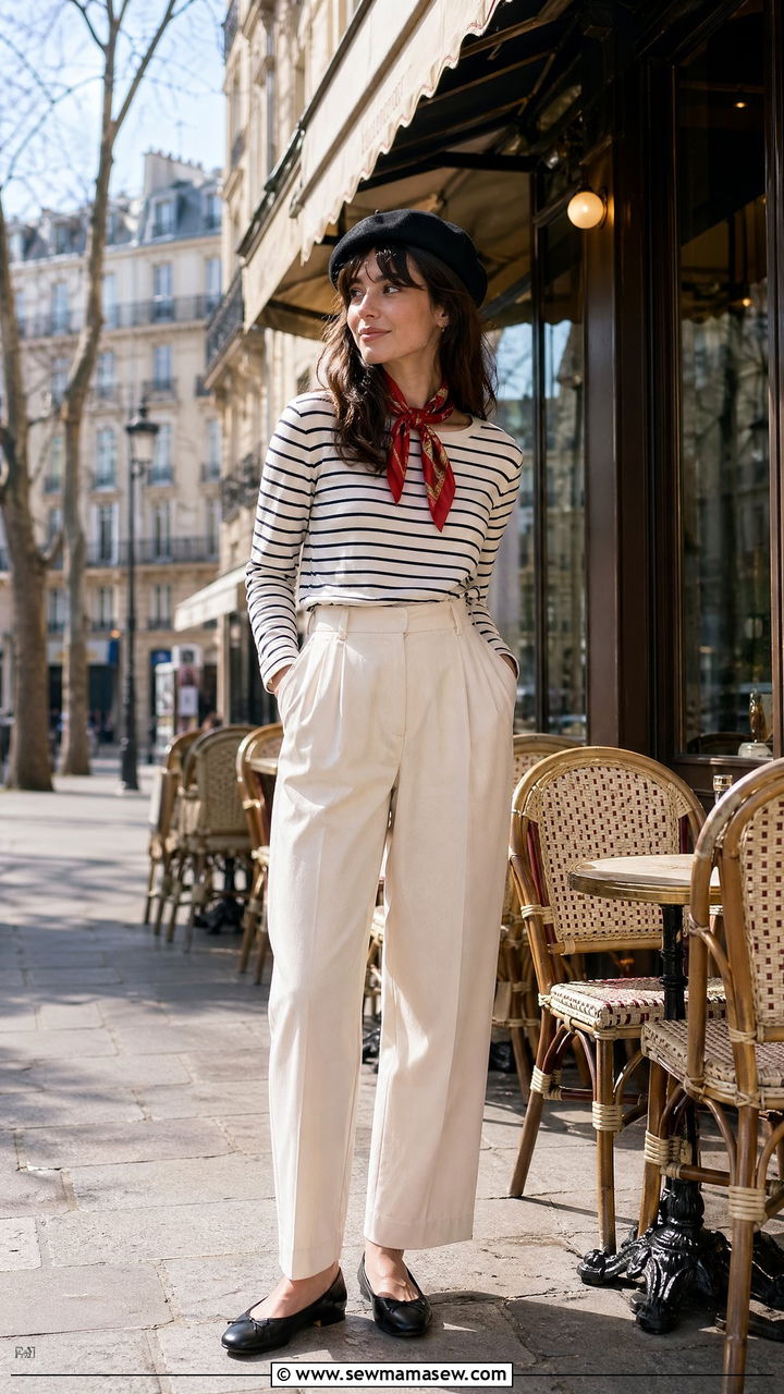 Nautical Stripe Top with Pleated Trousers and Beret - 35 spring vacation chic outfit ideas
