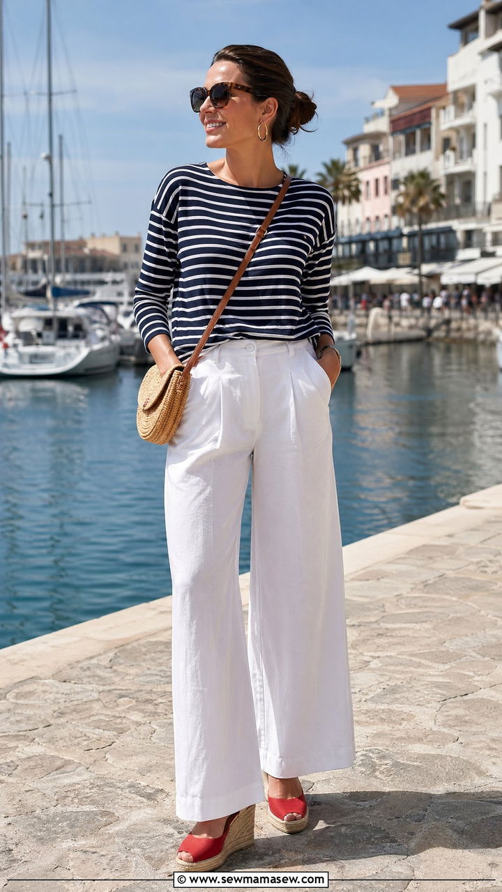Nautical Striped Tee And Wide Leg White Pants Outfit - 35 summer labor day outfit ideas