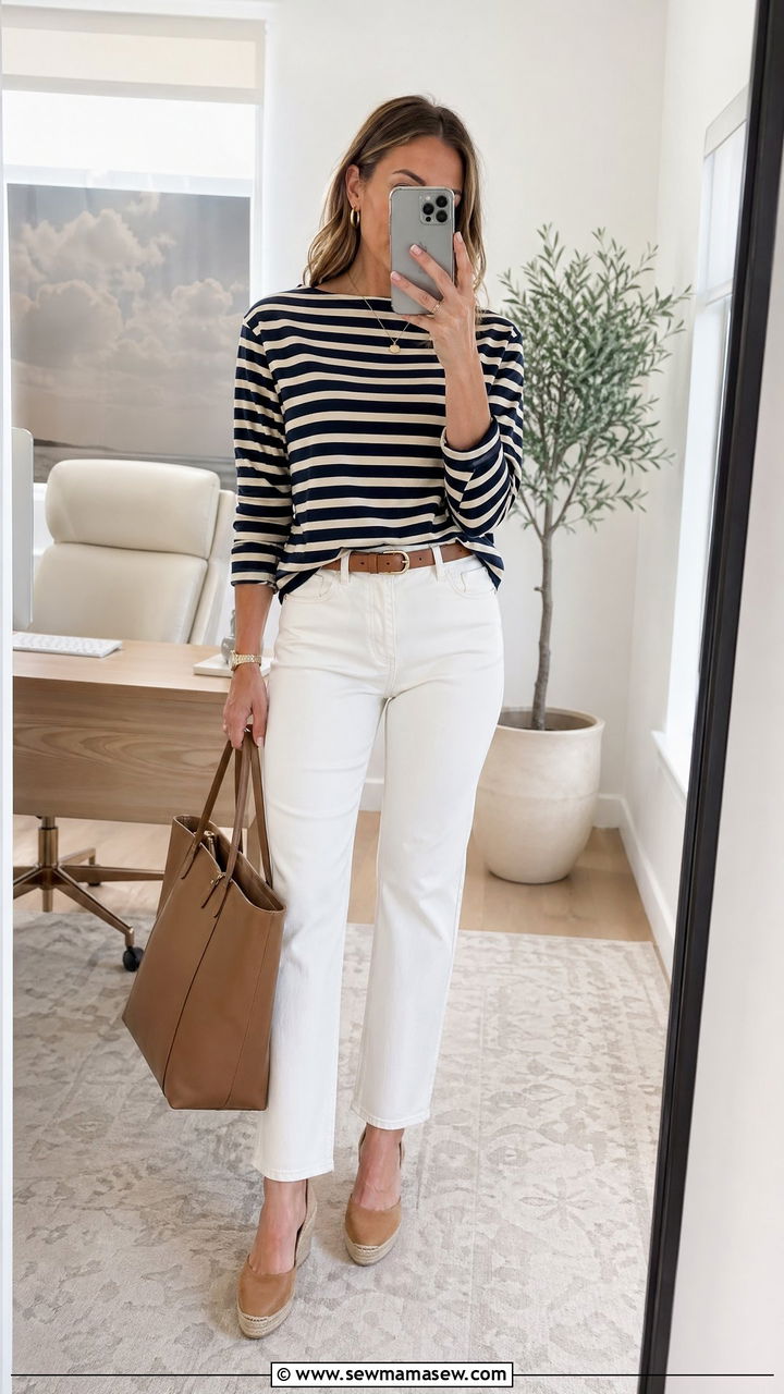 Nautical Striped Top With White Jeans - 35 summer business casual outfits