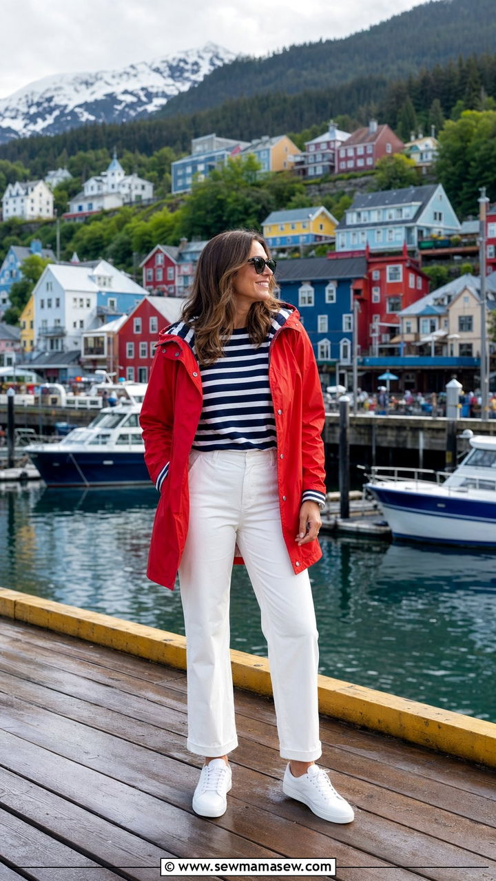 Nautical Striped Top With White Trousers And A Red Raincoat - 30 Alaska cruise outfit ideas