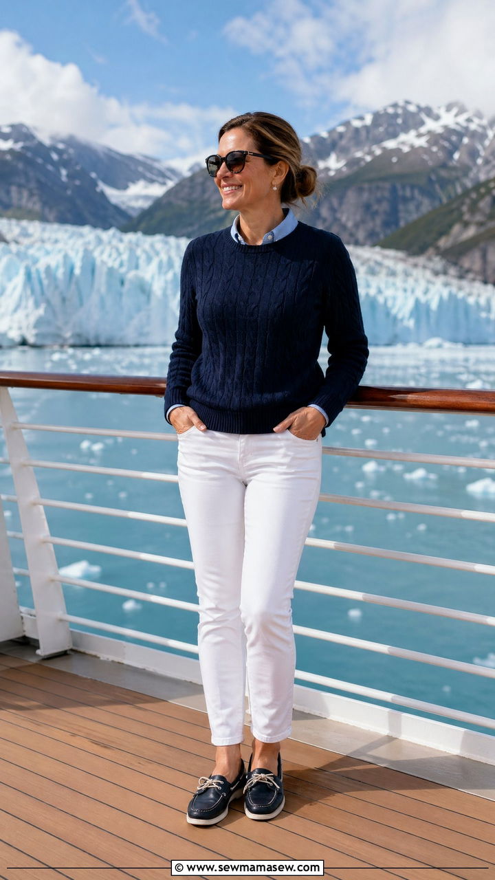 Nautical Sweater With White Jeans And Boat Shoes - 35 Cruise outfit ideas