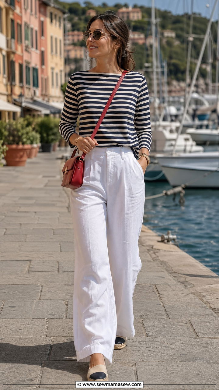 Nautical stripe top with white wide leg pants - 35 classy hot weather outfits
