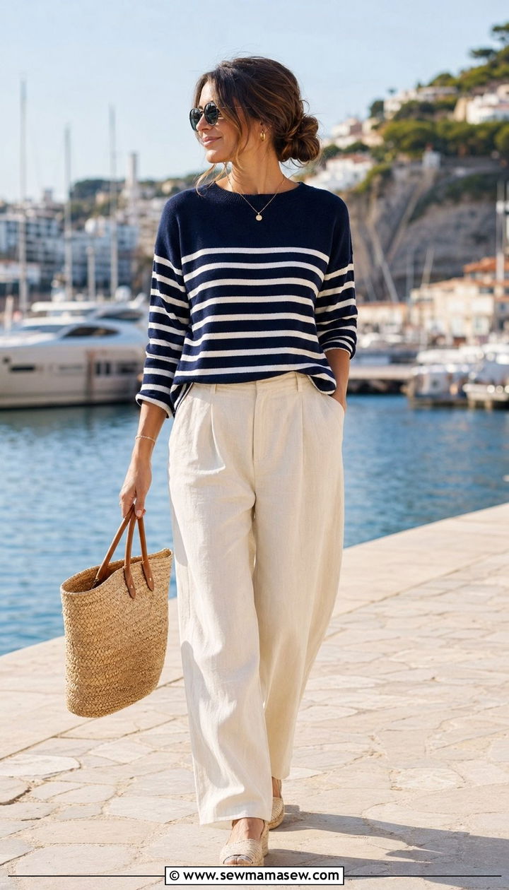 Nautical striped sweater and cream wide leg trousers outfit - 35 Pinterest outfits