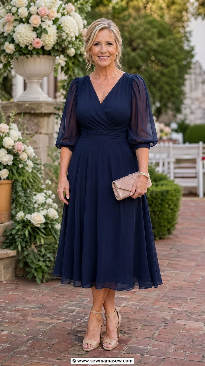 Navy A Line Dress With Puff Sleeves And Beige Heels - 35 Wedding guest outfit ideas 2026
