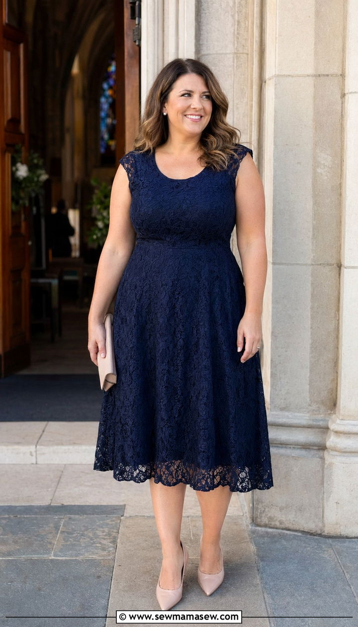 Navy A Line Lace Midi Dress With Blush Pumps - 30 wedding guest outfits for apple shaped body