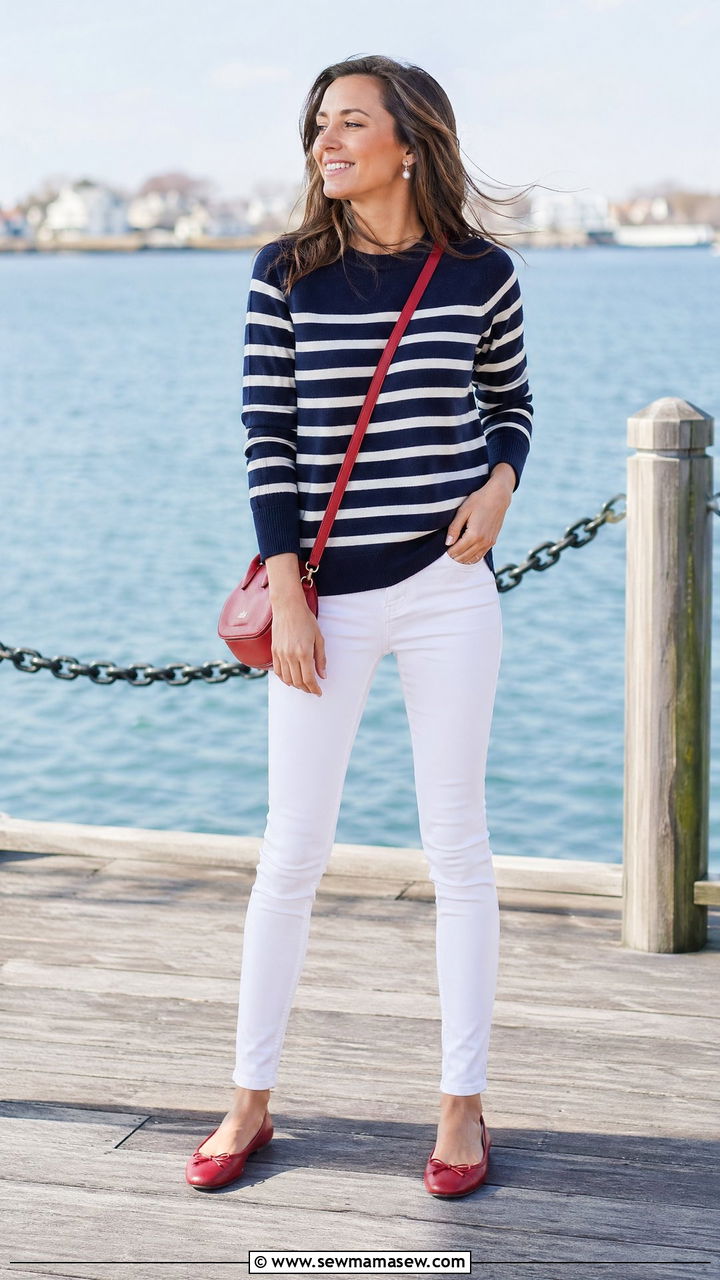 Navy And White Striped Sweater With White Jeans - 35 spring navy outfit ideas