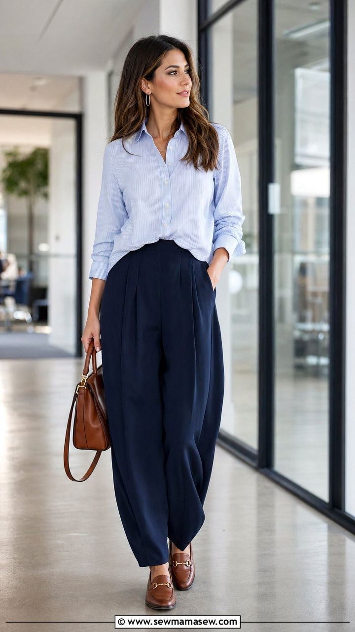 Navy Balloon Pants With Striped Button Down - 30 balloon pants outfits