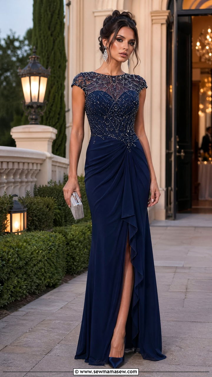 Navy Beaded Gown Wedding Guest Outfit - 35 Wedding guest outfits for tall women