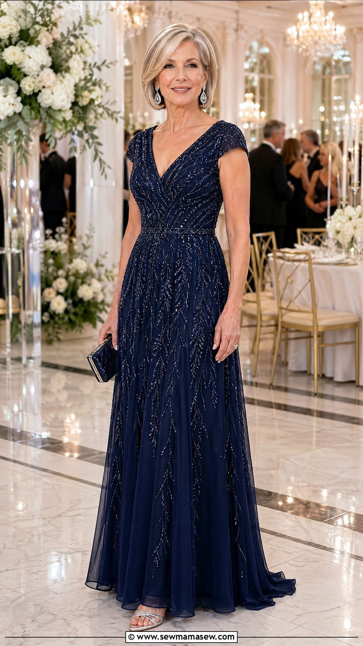 Navy Beaded Gown for Black Tie Wedding Over 50 - 35 Wedding guest outfits for women over 50