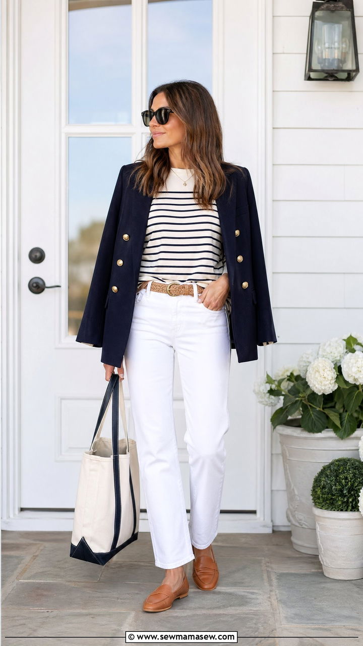 Navy Blazer Over Breton Top and White Denim - 35 transitional old money outfit ideas