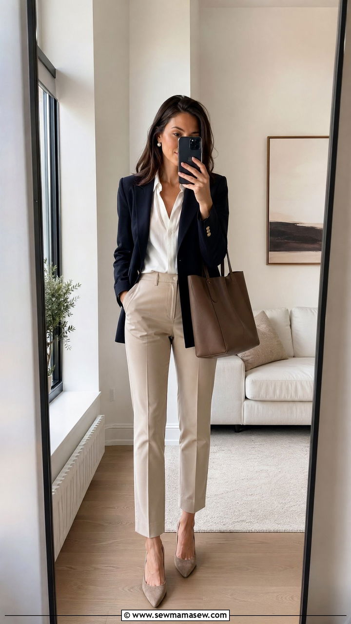 Navy Blazer Over White Blouse and Beige Pants - 35 classy old money outfits