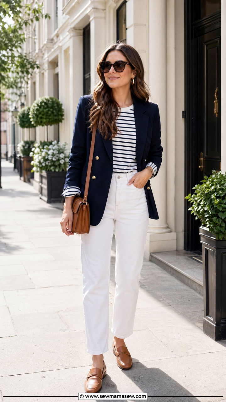 Navy Blazer White Jeans and Striped Tee Outfit - 35 spring preppy outfit ideas