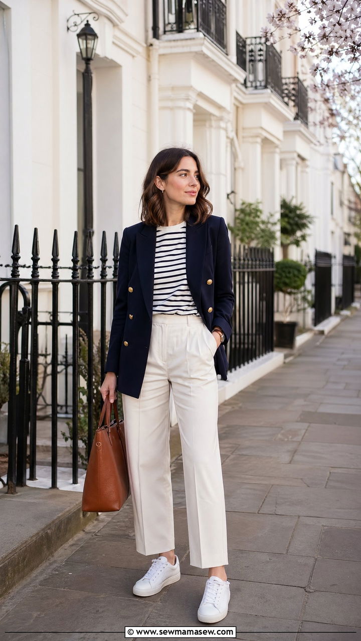 Navy Blazer With Breton Stripes And Cream Trousers - 35 Spring London outfit ideas