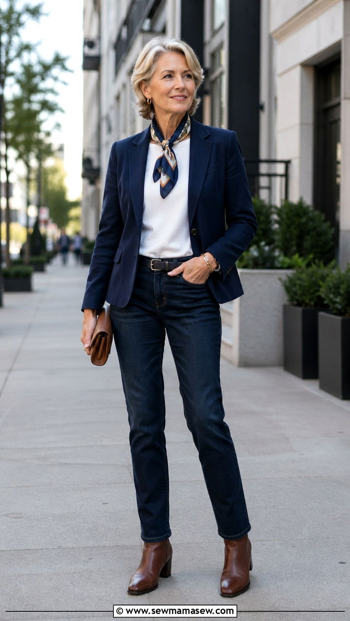 Navy Blazer With Dark Wash Jeans Spring Outfit Over 50 - 30 Spring capsule wardrobe over 50