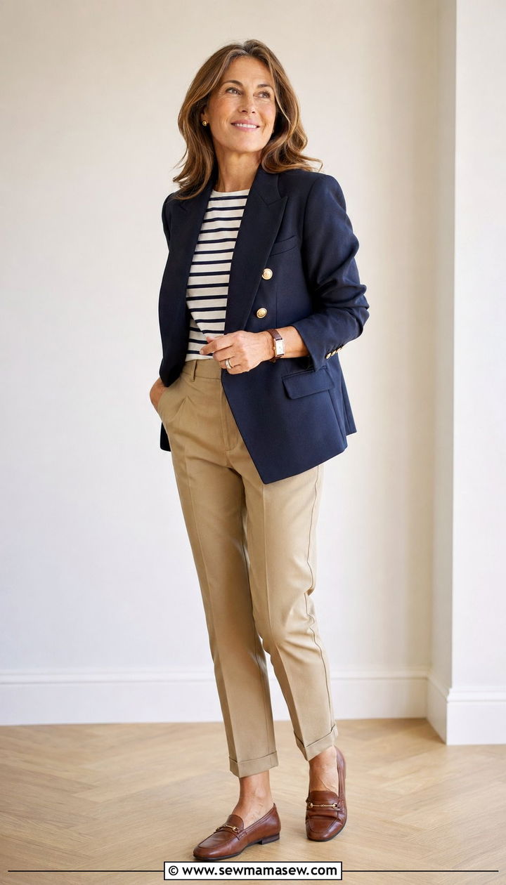 Navy Blazer With Striped Breton Tee And Khaki Trousers - 35 Old money outfits for women over 40
