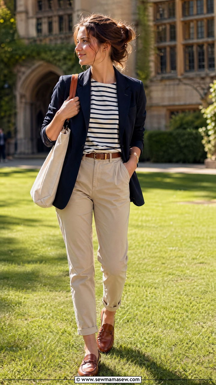 Navy Blazer With Striped Breton Top And Chinos - 35 College professor outfit ideas
