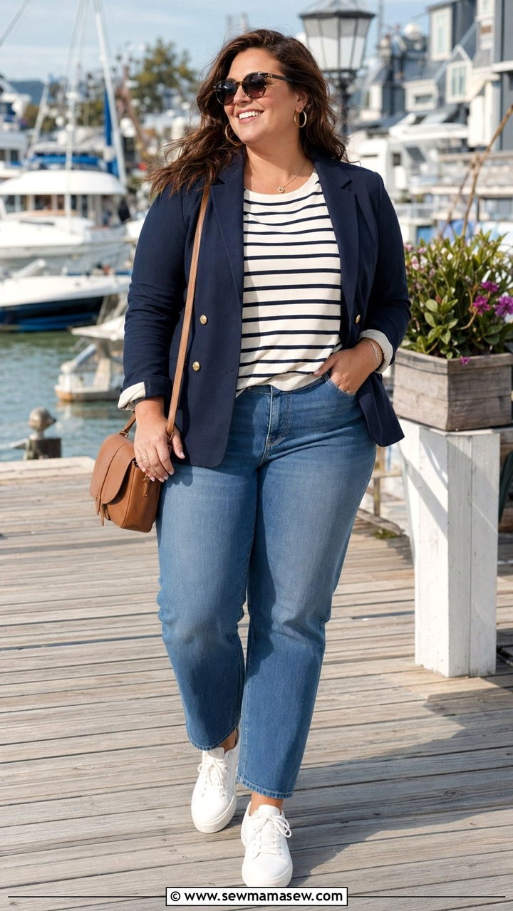 Navy Blazer With Striped Shirt And Jeans - 30 Best blazers for plus size