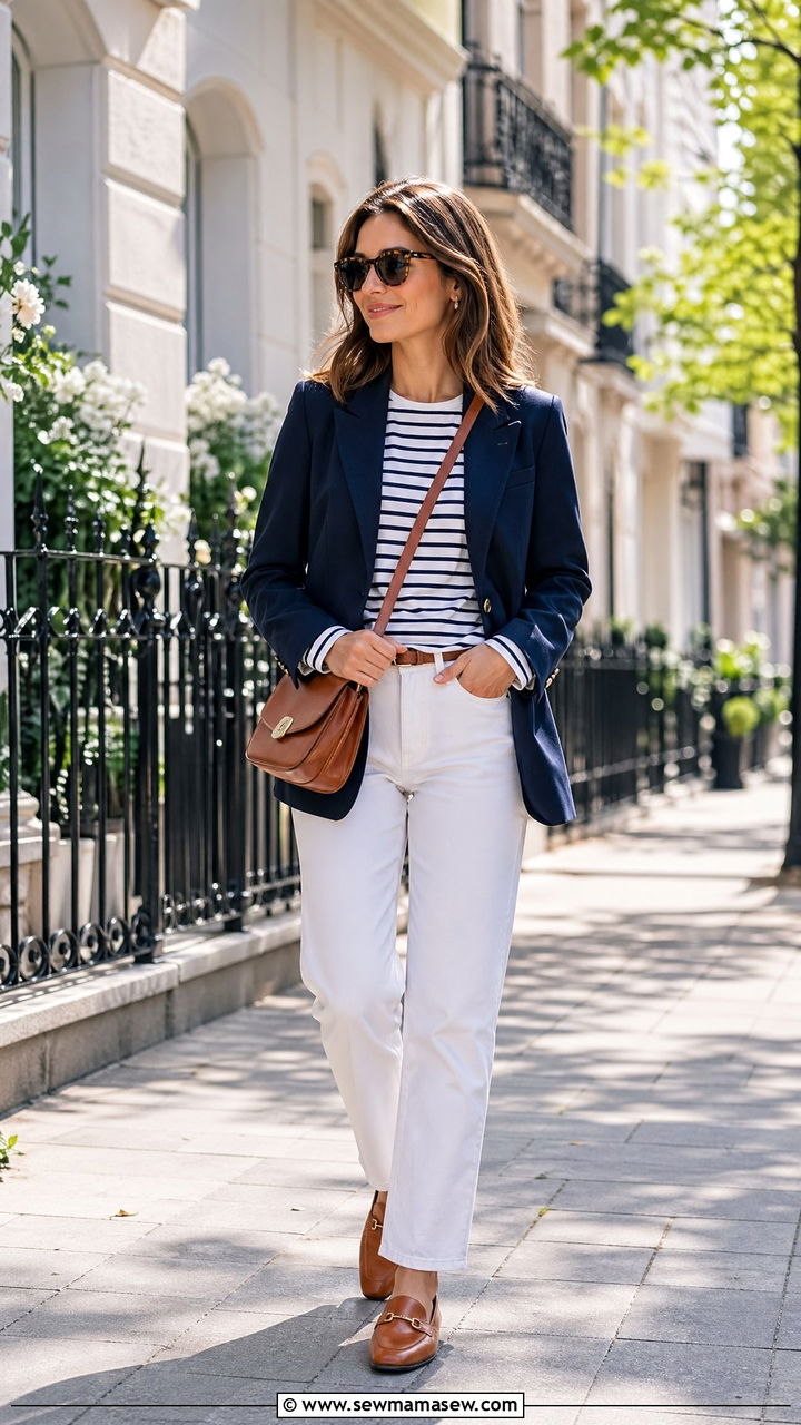 Navy Blazer With Striped Shirt And White Jeans Outfit - 35 classy casual outfits