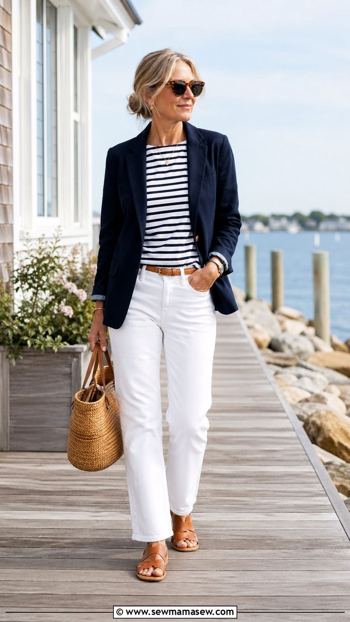 Navy Blazer With Striped Tee And White Jeans - 30 Best blazers for women over 40