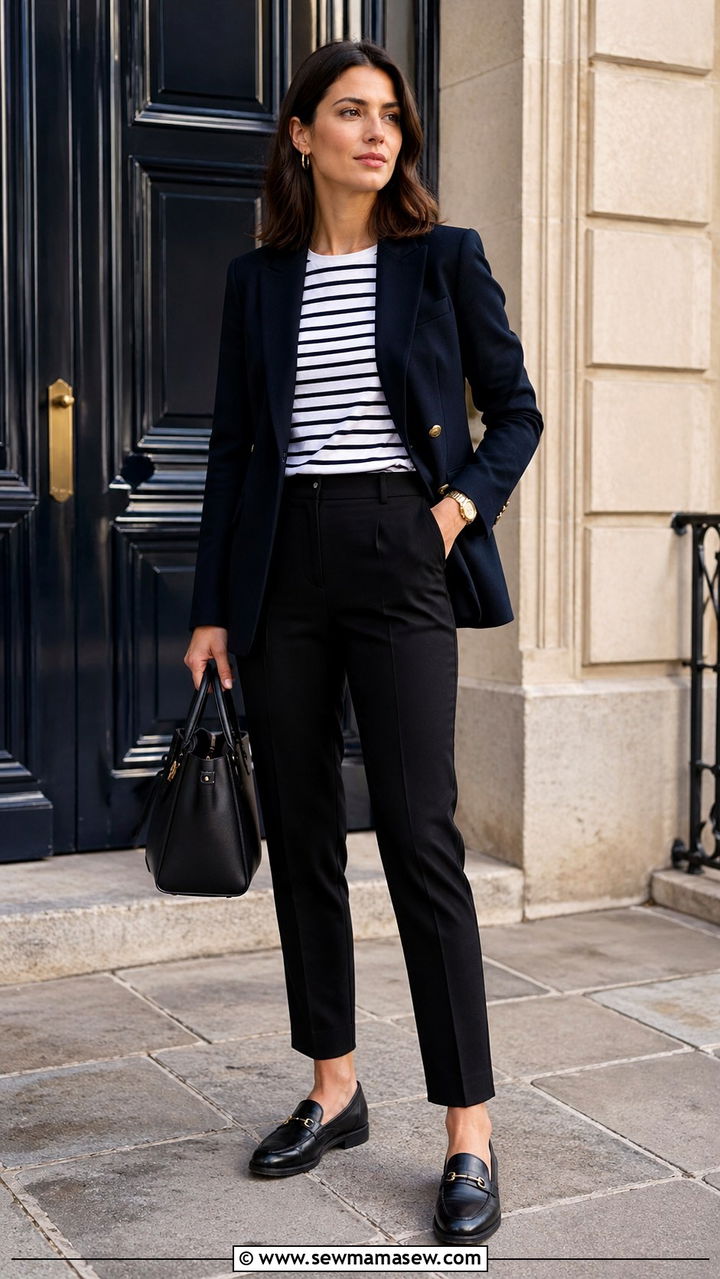 Navy Blazer With Striped Tee and Black Trousers - 30 Spring capsule wardrobe Parisian