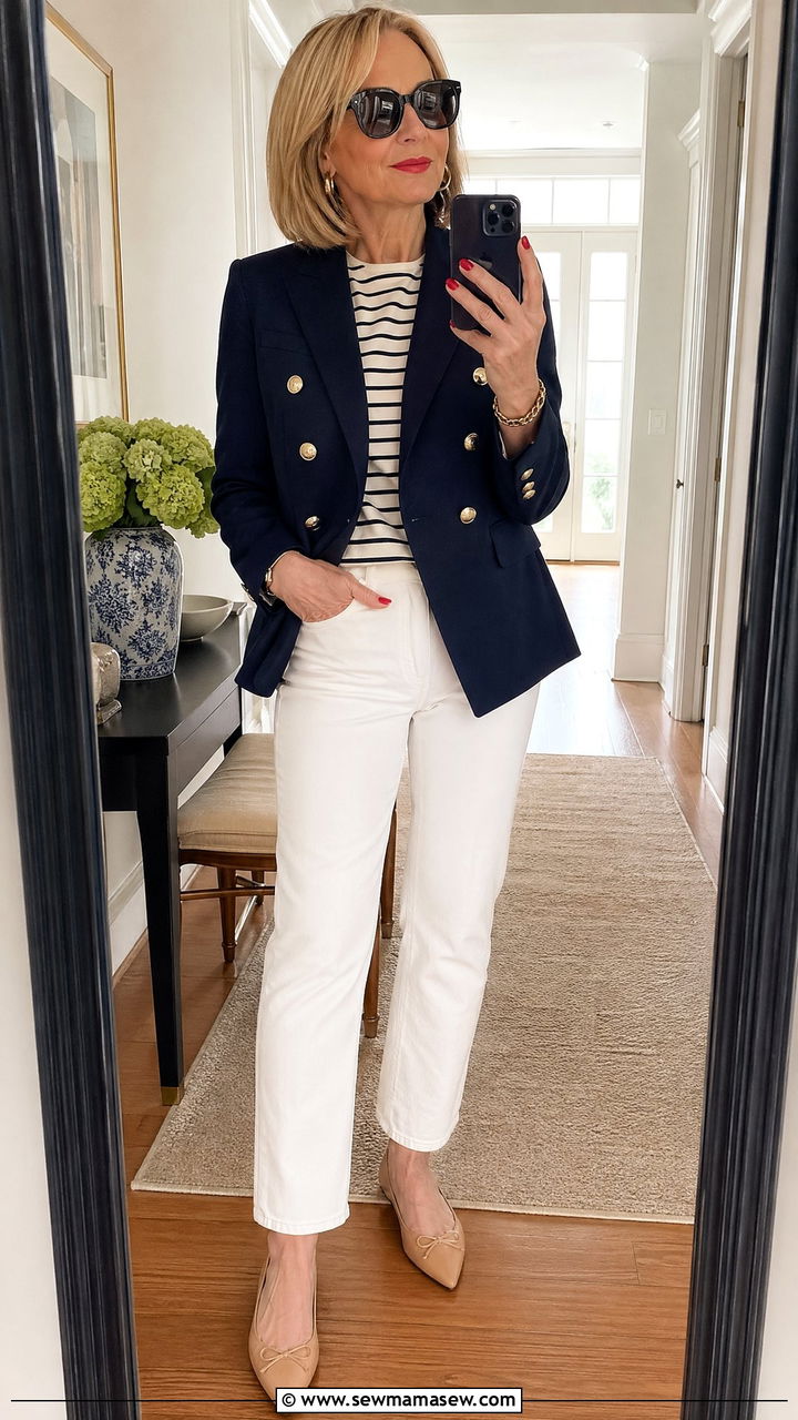 Navy Blazer With White Jeans And Nude Ballet Flats - 35 Classy outfits for women over 50