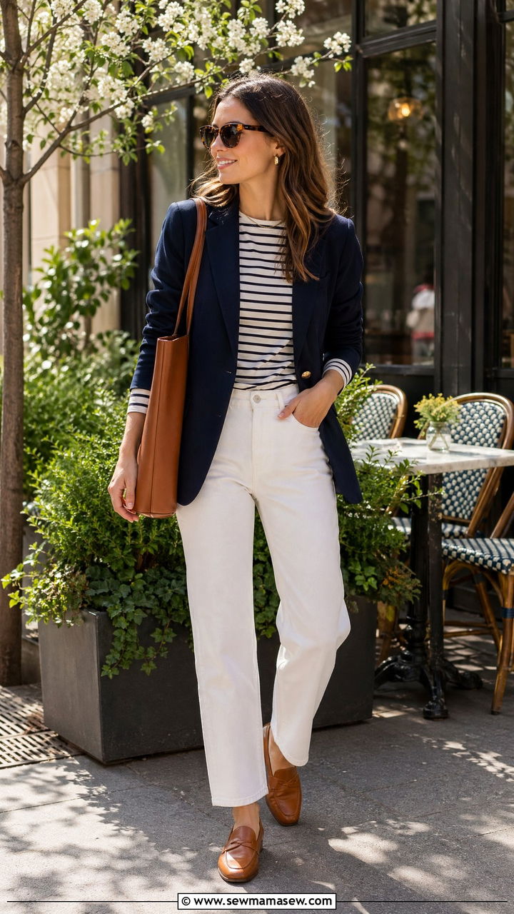 Navy Blazer With White Straight Leg Jeans And Striped Top - 35 Classic business casual outfits