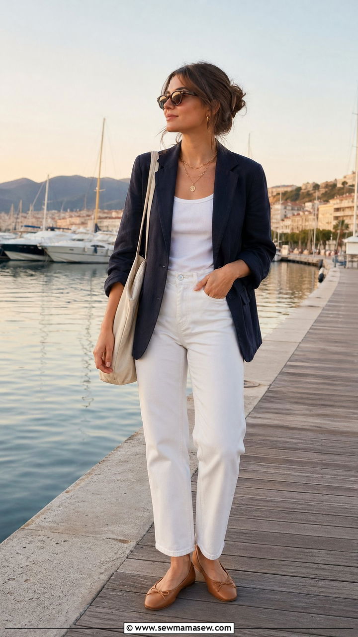 Navy Blazer With White StraightLeg Jeans - 35 summer french girl outfit ideas