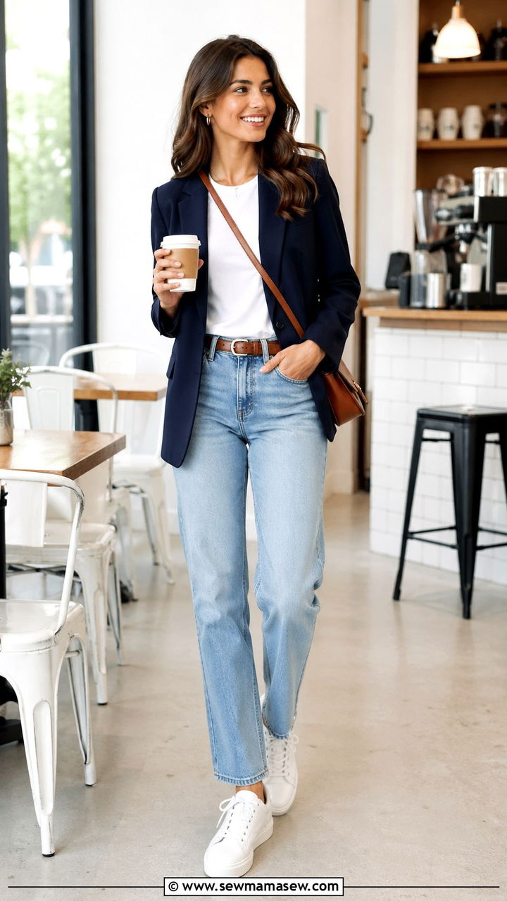 Navy Blazer With White Tee and White Sneakers - 30 spring blazer outfit ideas
