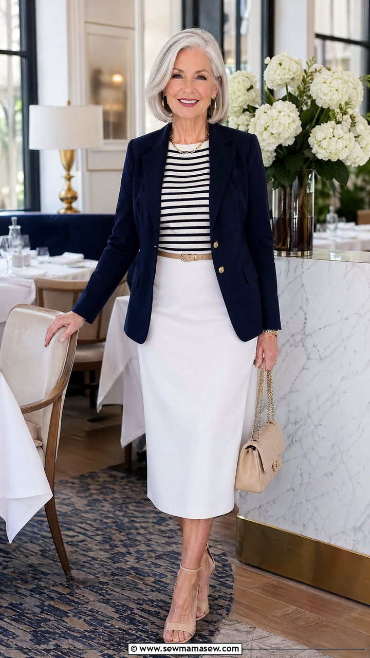 Navy Blazer With a Striped Knit Top and White Straight Skirt - 35 Skirt outfit ideas for women over 60