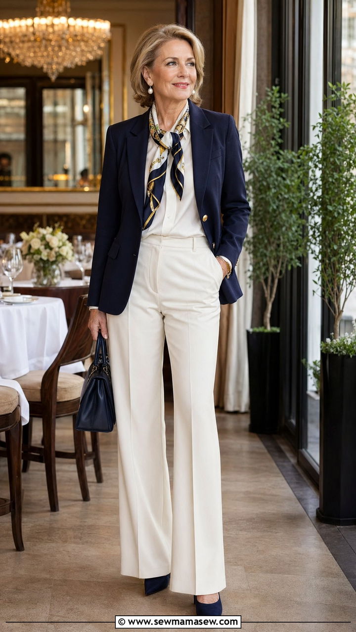 Navy Blazer and Cream Wide Trousers - 35 Old money outfits for women over 50