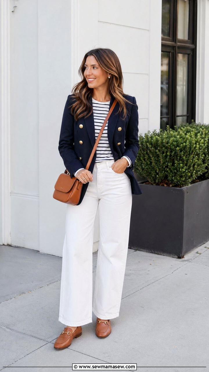 Navy Blazer and White Denim Outfit - 35 transitional classy outfit ideas