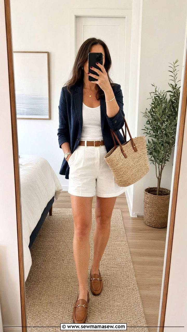 Navy Blazer and White Tailored Shorts - 35 Quiet luxury outfit ideas summer 2026