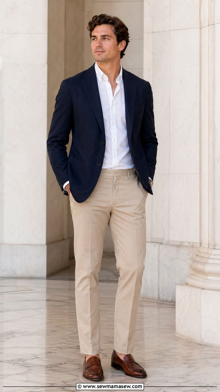 Navy Blazer with Beige Chinos - 35 Courthouse wedding guest outfits