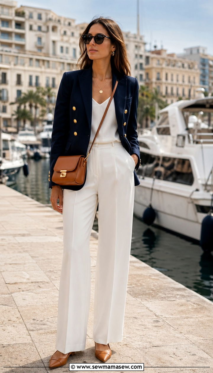 Navy Blazer with Gold Buttons and White Trousers - 35 Nautical outfit ideas