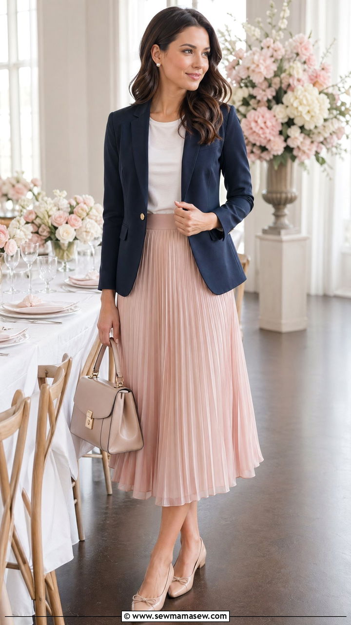 Navy Blazer with Pleated Midi Skirt and Ballet Flats - 35 Summer outfits with blazers
