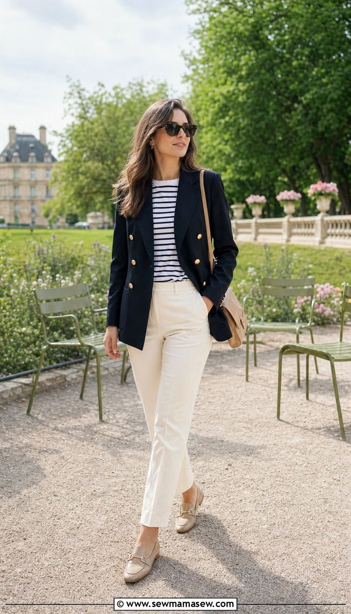 Navy Blazer with Striped Shirt and Cream Trousers - 35 Paris outfits for women