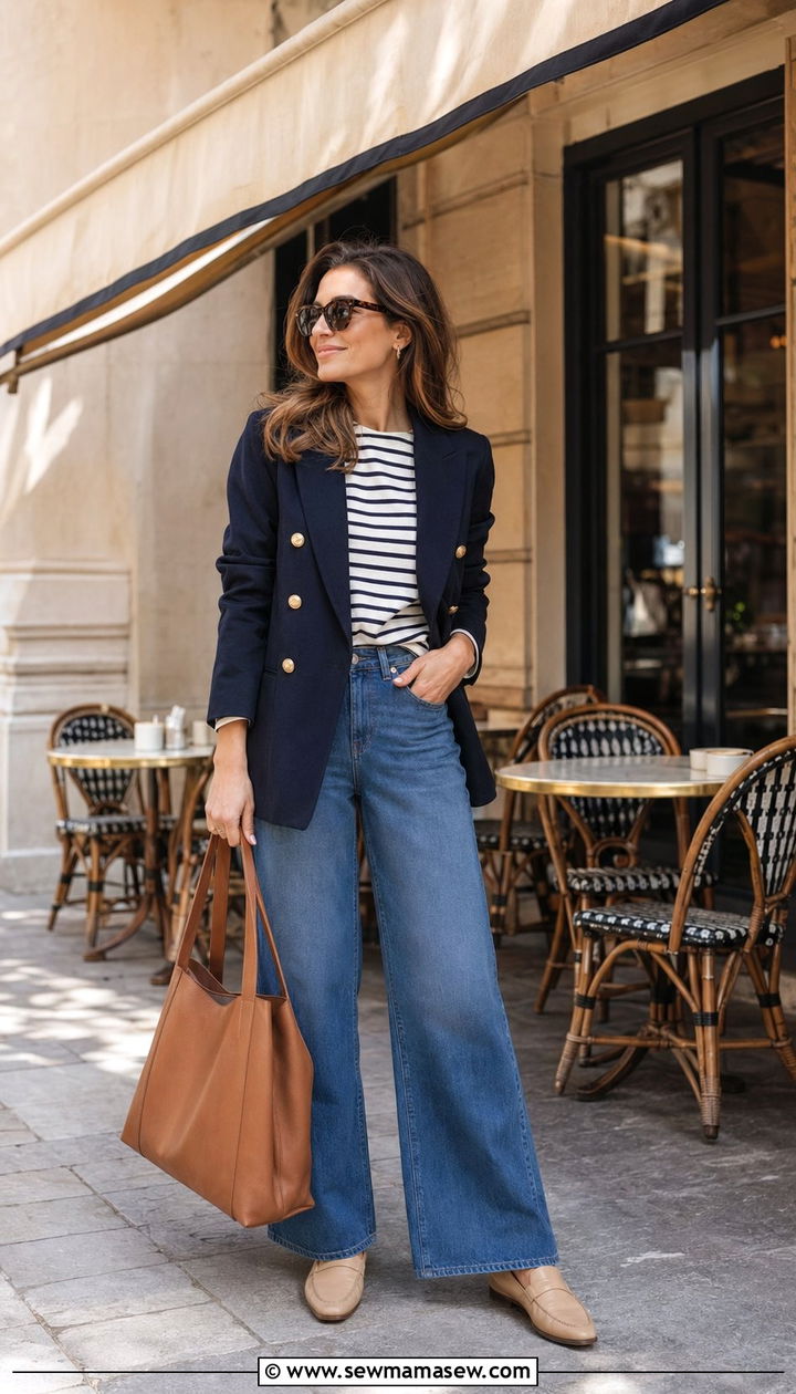 Navy Blazer with Striped Shirt and Wide Leg Jeans - 35 Paris outfits ideas