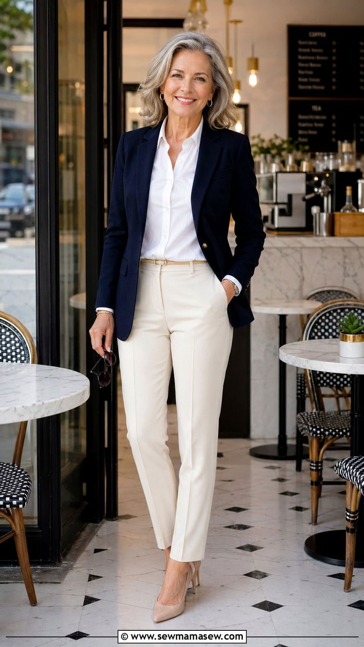 Navy Blazer with White Button Down and Tailored Trousers - 35 Parisian outfits for women over 50