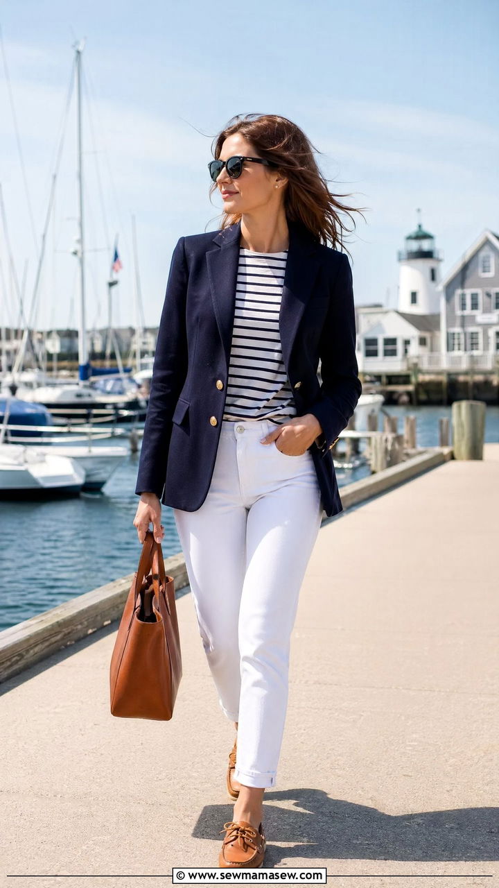 Navy Blazer with White Jeans and Boat Shoes - 35 classy spring to summer outfits