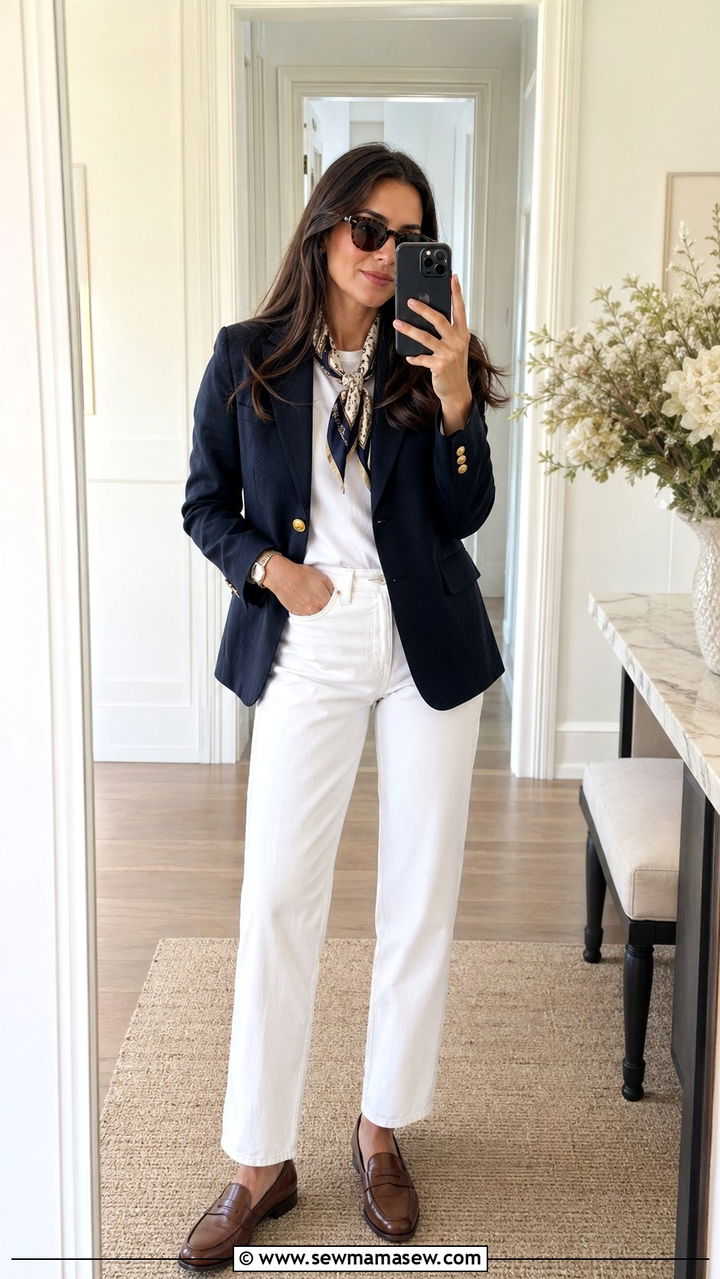 Navy Blazer with White Jeans and Leather Loafers - 35 Old money brunch outfit ideas