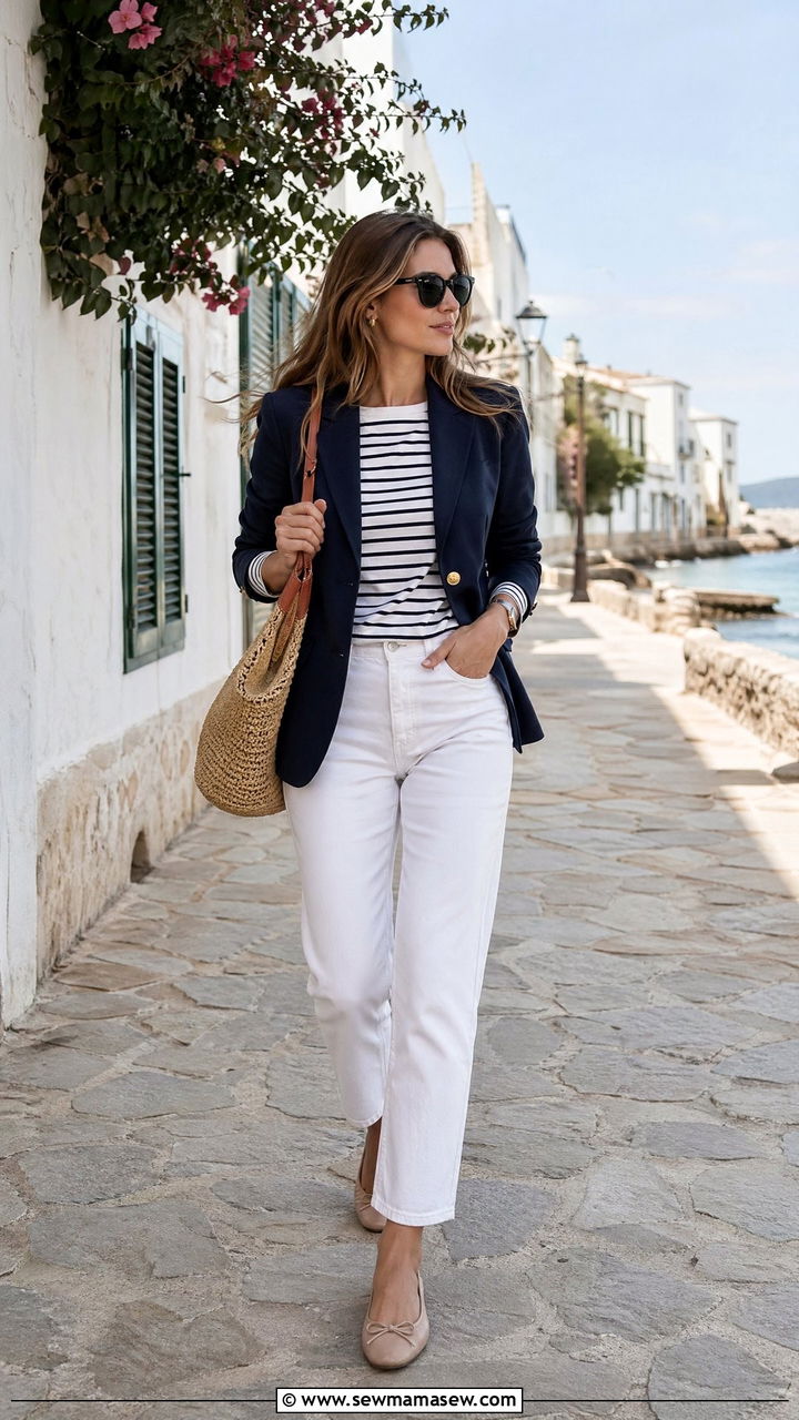 Navy Blazer with White Jeans and Striped Top - 35 classy outfits