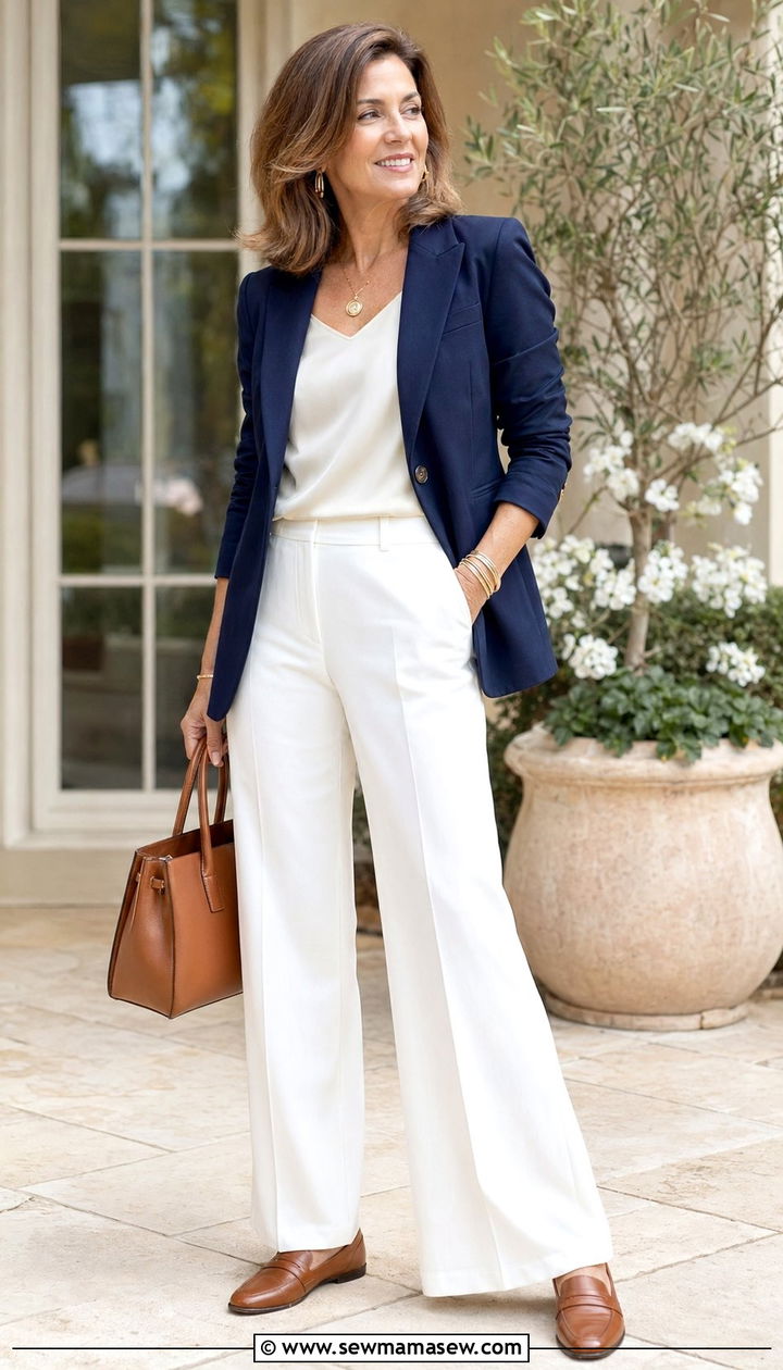 Navy Blazer with White Trousers Outfit - 35 Old money outfit ideas for women over 40