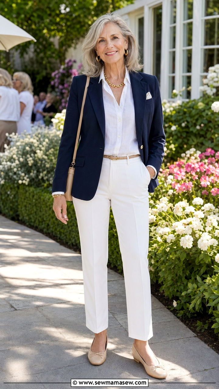 Navy Blazer with White Trousers Outfit - 30 Best blazers for women over 60