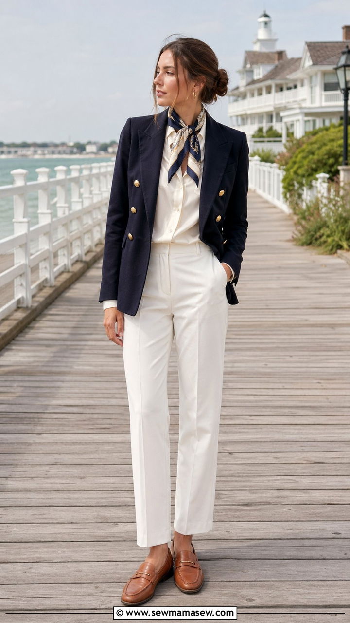 Navy Blazer with White Trousers and Silk Blouse - 35 Modest outfit ideas old money