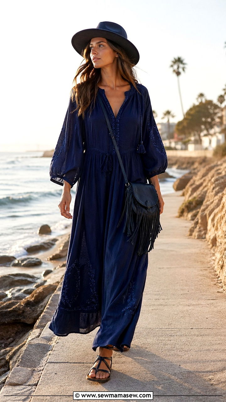 Navy Blue Bohemian Maxi Dress and Sandals Outfit - 40 All navy blue outfit ideas