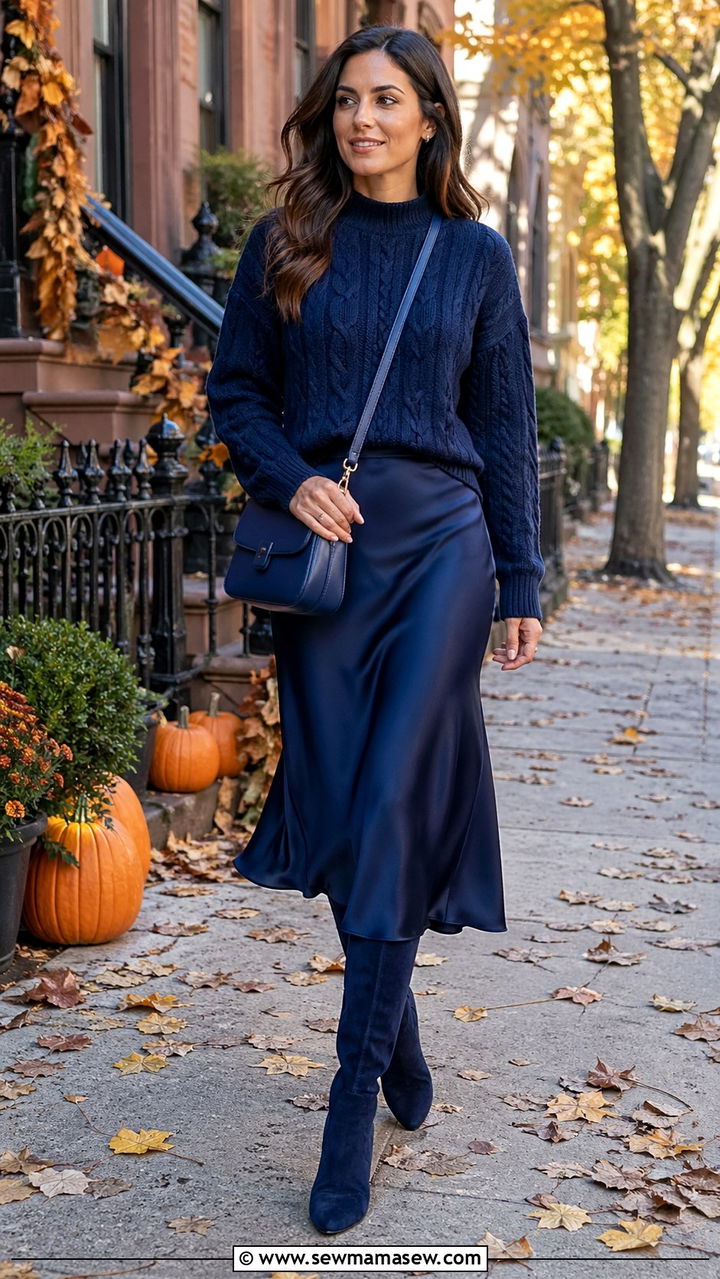 Navy Blue Cable Knit Sweater and Midi Skirt Outfit - 40 All navy blue outfit ideas