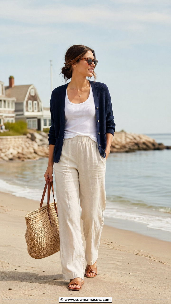 Navy Blue Cardigan with White Tank and Linen Pants - 35 Spring outfits in navy blue